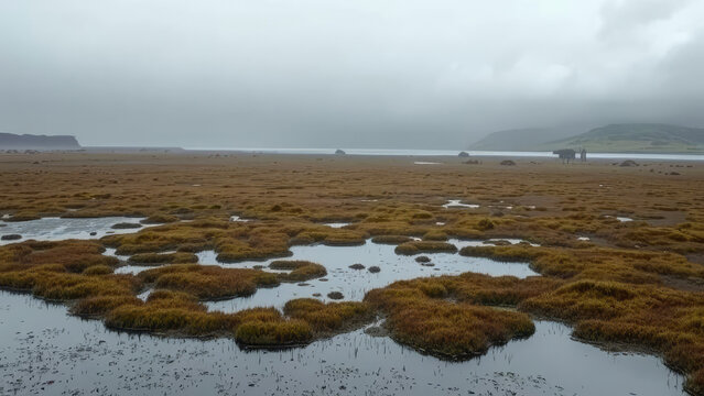Wetland with peat formation near a Hoo Field Voe on mainland Shetland UK,  Shetland landscape,  acid mire
