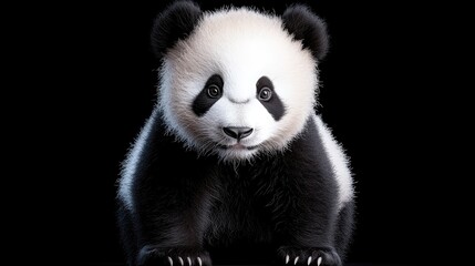 Fototapeta premium Adorable baby panda cub, sitting, black background, wildlife conservation