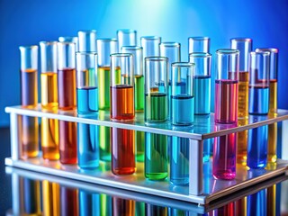 Sleek blue lab, minimal tubes, scientific photography.