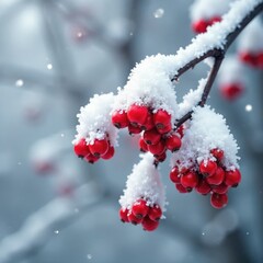 Snow-covered tree with frosted red berries on the branch, nature, frost