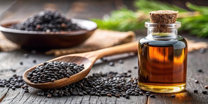 Close-up of black cumin oil bottle on table with selective focus, natural remedy, botanicals