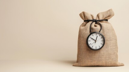 Time is Money Beige Burlap Sack with Clock Financial Concept