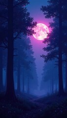 Softly glowing moonlight illuminates a misty forest with shades of blue purple pink, abstract, moonlight