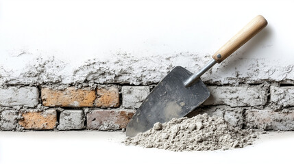 Trowel with cement on a partially exposed white brick wall