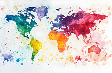 Obraz premium *World map, watercolor painting, white background, simple, colorful, rainbow colors, minimalistic