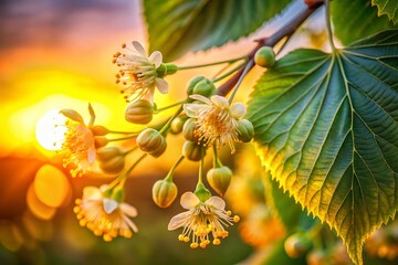 Close-up of Common Linden (Tilia europaea) Buds and Blossoms at Sunset - Rule of Thirds Composition