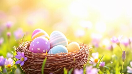 Colorful Easter eggs in natural brown nest surrounded by spring flowers and bright bokeh background. Holiday celebration concept for greeting cards and seasonal decoration with copy space - Powered by Adobe