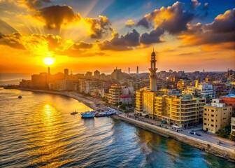 Naklejka premium Alexandria Egypt Sunset Cityscape Panorama Golden Hour Stock Photo