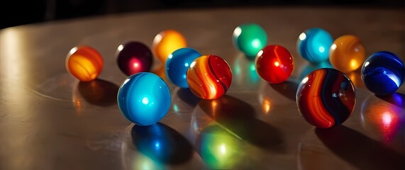 Naklejka premium Whimsical closeup of colorful marbles scattered on a table evoking nostalgia and childhood memories filled with playful adventures
