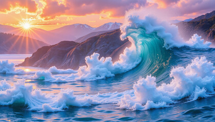 Naklejka premium Vibrant ocean waves crashing at sunset, nature's dynamic beauty