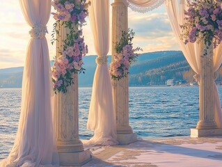 A romantic wedding altar by the water, adorned with flowers and draped fabric, set against a scenic backdrop.