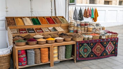 Street vendor's stall displaying an assortment of goods and products from different parts of the world, market scene, international goods, urban commerce, marketplace, exotic products