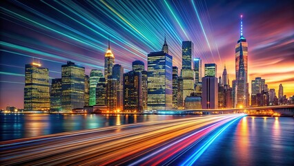 Fototapeta premium NYC skyline at night, blurred lights, artistic lines.