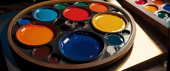 Whimsical closeup of an artists palette filled with vibrant paints reflecting the creative process and inspiration behind a new masterpiece