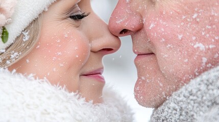 Fototapeta premium Couple's snowy winter close-up, faces touching, outdoors