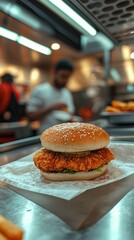 Crispy chicken sandwich with fastfood counter background