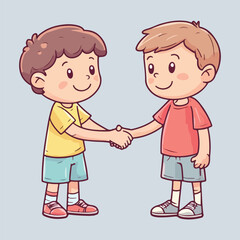 Cute Little Kid Doing Handshake with Friend Cartoon Vector Illustration