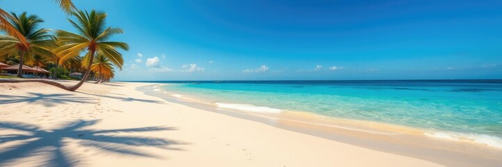 Fototapeta premium Warm sandy beach with palm trees and clear blue ocean waters on a sunny day, warm, clear, palm