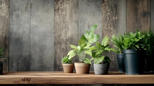 Wooden shelf with a variety of potted plants on it. The plants are of different sizes and colors, and they are arranged in a way that creates a sense of balance and harmony