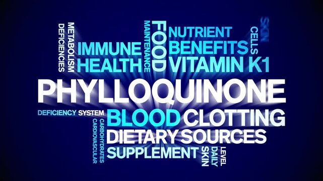Phylloquinone Vitamin K1 animated word cloud;text design animation tag kinetic typography seamless loop.