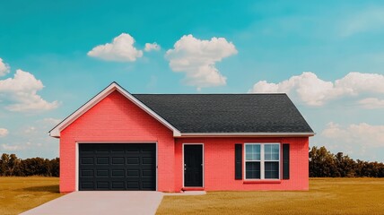 Modern Coral Brick Ranch House with Black Garage Door and Windows Sunny Day