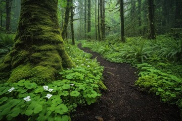 Fototapeta premium Serene Forest Pathway Surrounded by Lush Greenery and Moss-Covered Trees in a Misty Woodland Setting