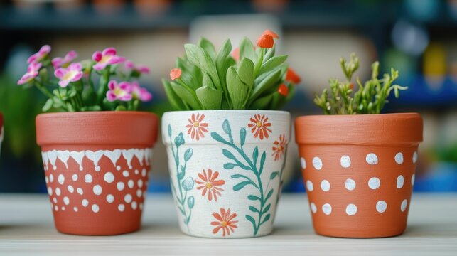 Whimsical Handpainted Flower Pots Personalized by Creative Hobby Gardener   Variety of Colorful Ceramic Planters with Unique Patterns and Designs for Decorating the Home and Garden