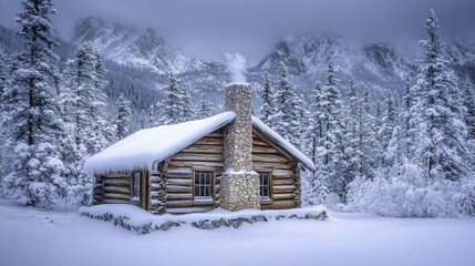 Snowy mountain cabin winter landscape; peaceful retreat