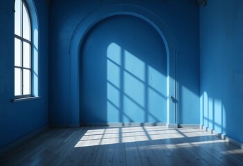 Obraz premium Sunlit Blue Room With Archway And Wooden Floor