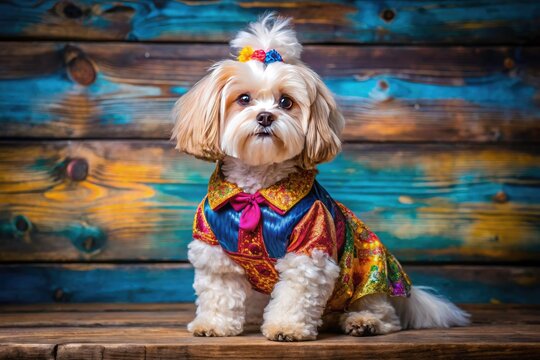 Adorable Zuchon puppies showcase stylish pet apparel in captivating fashion photos.