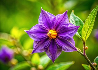 Close-up of Solanum mauritianum Flower in Bloom with Green Leaves Background