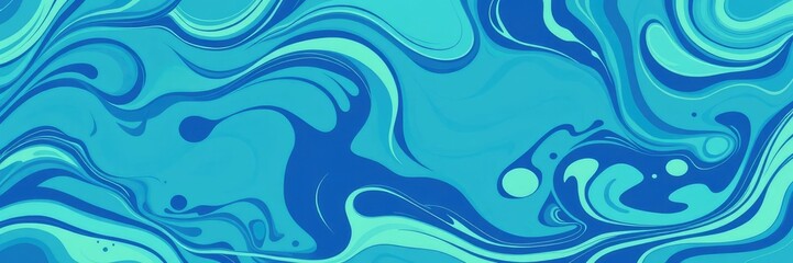 Swirling shapes and patterns in various shades of blue and green evoke a sense of carefree movement, natural elements, fluid motion, soothing