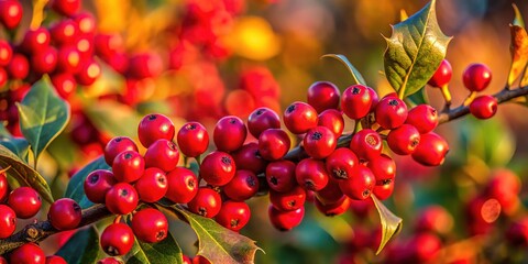 Fototapeta premium High-angle view of vibrant European holly berries.