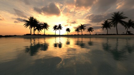 Obraz premium Tranquil sunset over palm trees by the water.