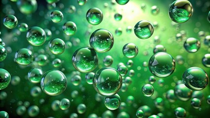 Transparent green water droplets suspended in mid-air with tiny bubbles floating around them in a mesmerizing abstract pattern