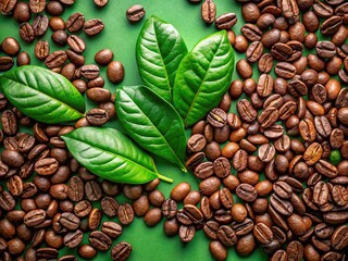 Green backdrop highlights roasted coffee beans.  Cafe promotion.  Slow down.