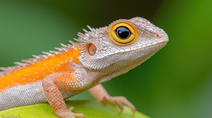 Fototapeta premium Orange lizard on leaf, green background, wildlife, nature photography, stock image