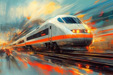 Dynamic High-Speed Train in Motion with Vibrant Colors and Abstract Background Capturing Speed and Modern Transportation