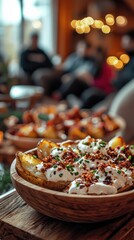 Loaded potato skins served on a rustic tray in a cozy setting