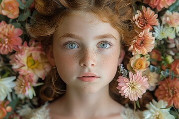 A young girl with striking blue eyes and freckles, lying amidst soft peach and pink flowers. Her gaze is direct, creating a captivating and delicate atmosphere.

