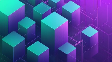 Fototapeta premium Abstract 3D geometric shapes, vibrant purple and teal gradient, isometric perspective.