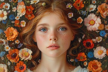 A girl with blue eyes and freckles lies surrounded by a vibrant array of orange, white, and blue flowers. Her calm expression symbolizes natural beauty  for international Women&rsquo;s Day.