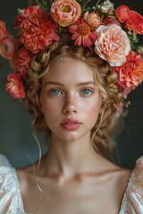 A young girl with braided hair adorned with coral and pink flowers, her serene expression radiates natural elegance. A stunning tribute to beauty and femininity, ideal for International Women&rsquo;s Day 