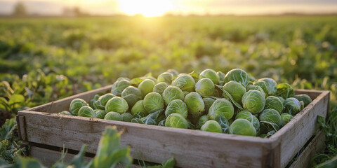 Freshly harvested brussels sprouts at sunset in a farm