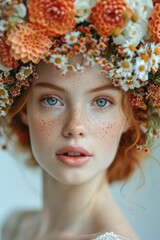 A red-haired girl with blue eyes and freckles wears a crown of daisies, orange, and white flowers. Her radiant gaze and natural elegance reflect a celebration of beauty,  perfect for Women's Day.
