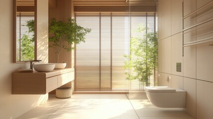 Fototapeta premium Modern white bathroom with a Zen-inspired Japanese toilet, clean lines, and calming neutral tones