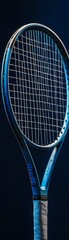 Close-up shot of a tennis racket against a dark background.