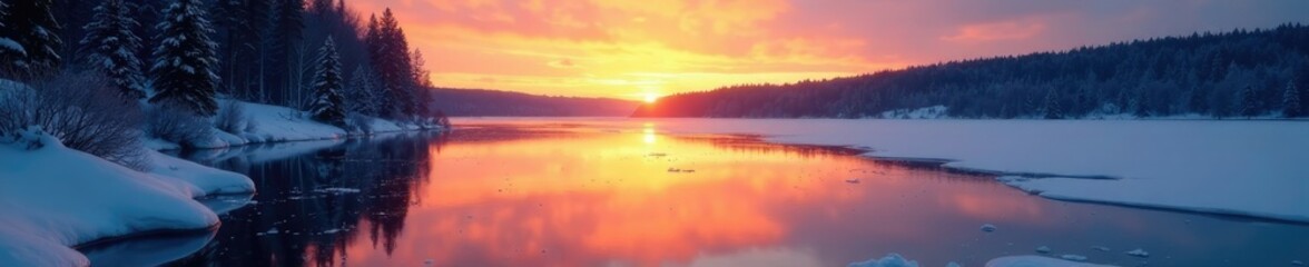 Fototapeta premium the fading light of sunset on a still and calm river ice forms on the water's surface, , winter sunrise calm