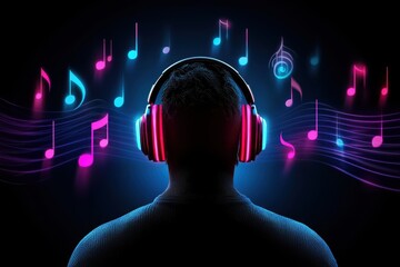 Person enjoying music with colorful notes.