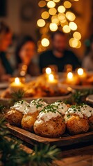 Cozy dinner loaded baked potatoes with sour cream and chives